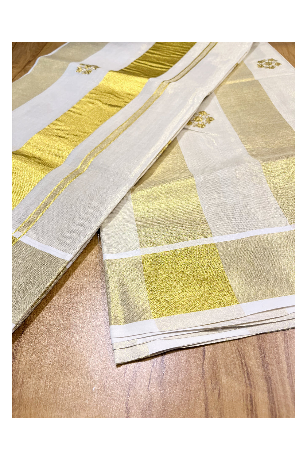 Kerala Tissue Kasavu Stripes Saree with Golden Floral Embroidery Designs on Body and Pallu