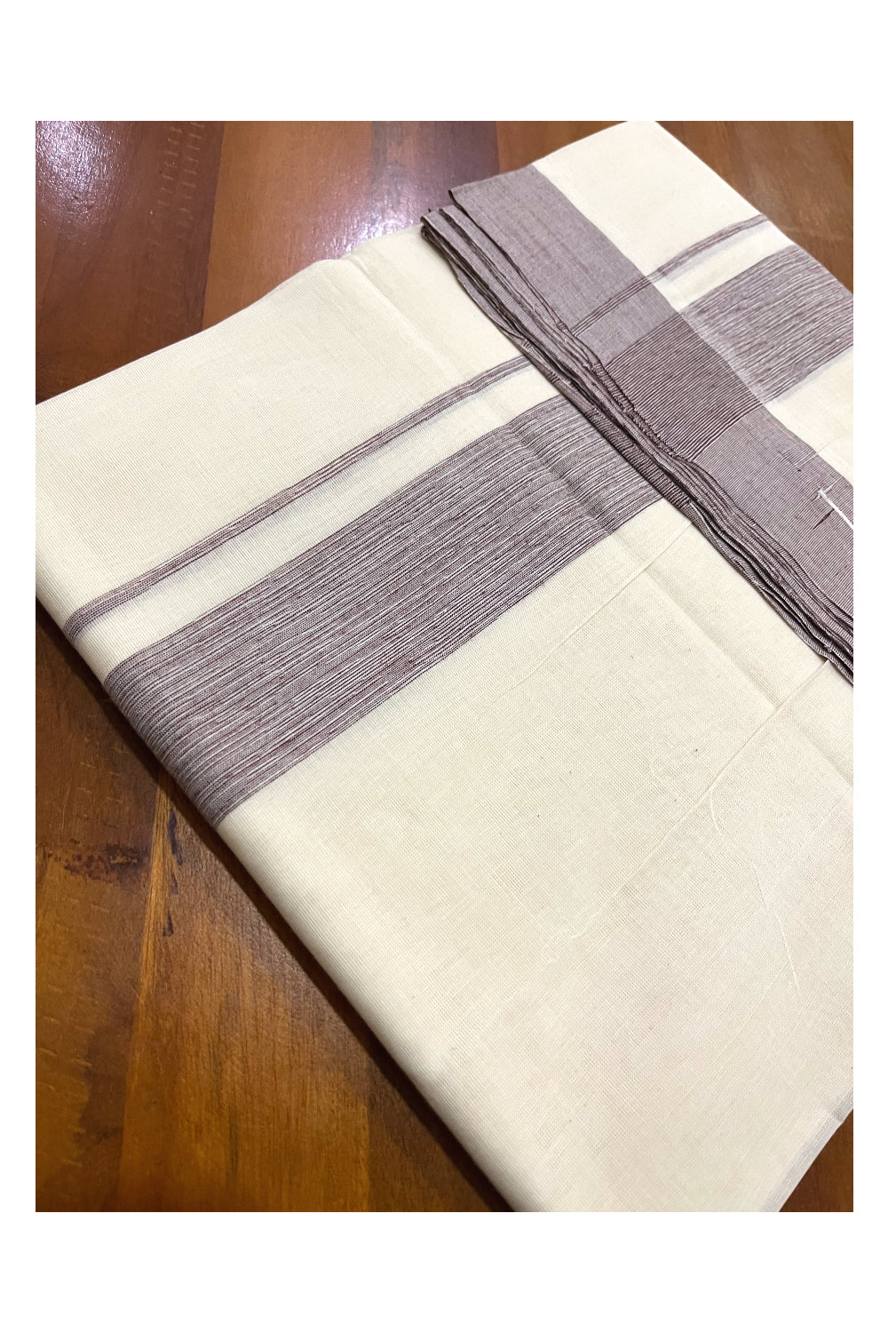 Pure Cotton Off White 100x100 Double Mundu with Purple Border (South Indian Kerala Dhoti)