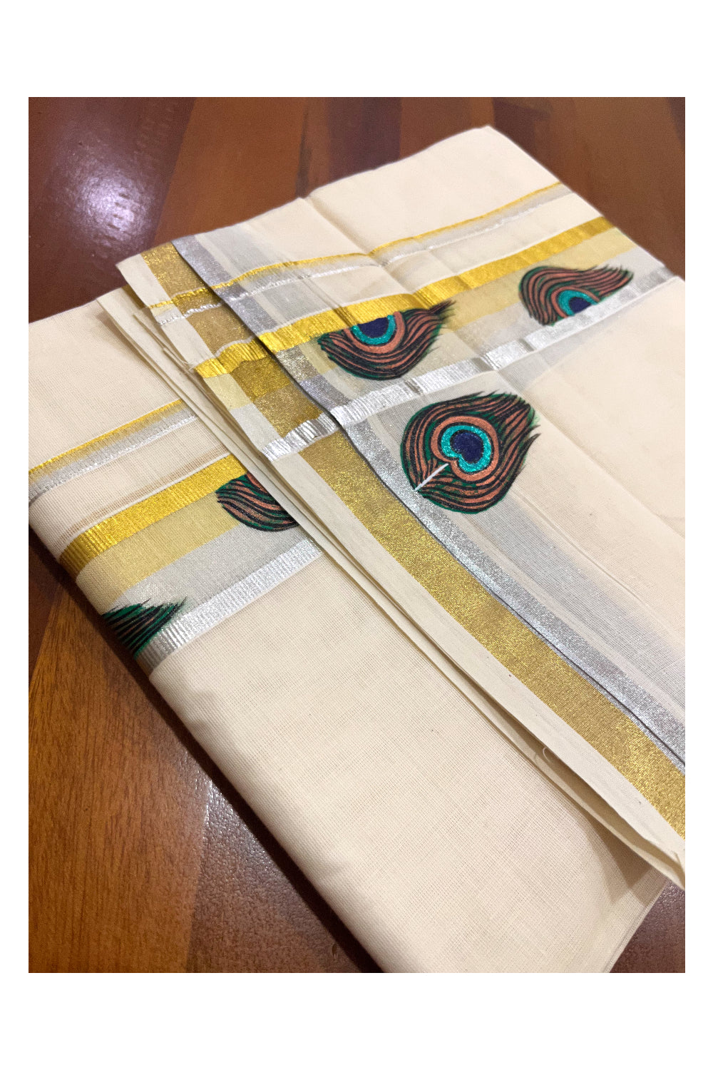 Pure Cotton Golden and Silver Kasavu Mundu with Feather Mural Painted Design (Onam Mundu 2023)