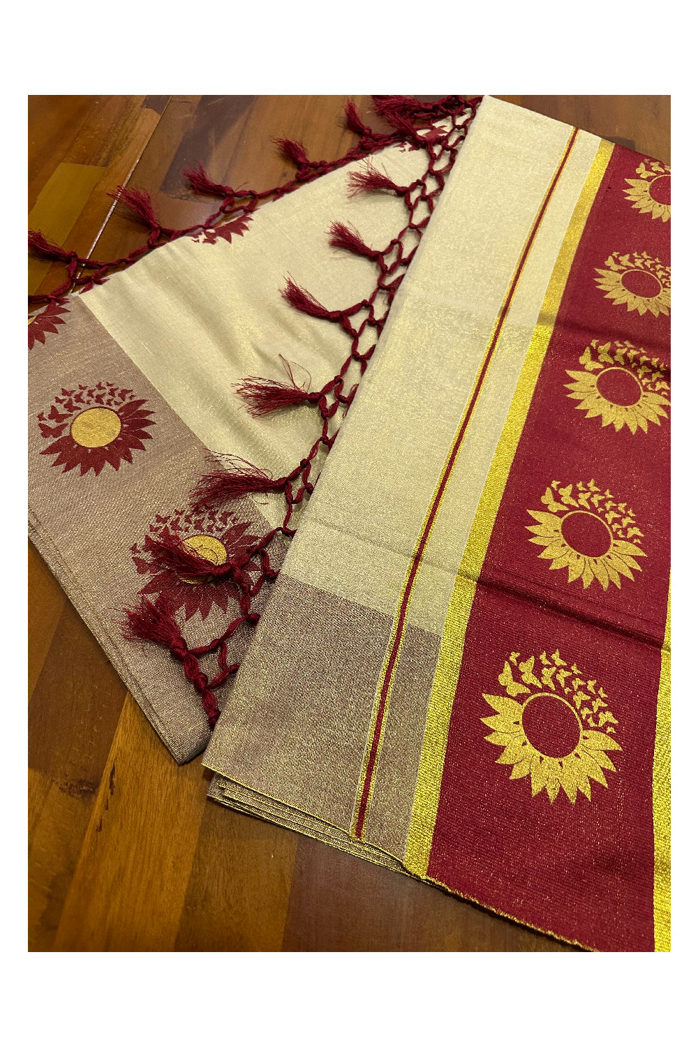 Kerala Tissue Kasavu Saree with Maroon and Golden Block Prints on Border (Onam Saree 2023)