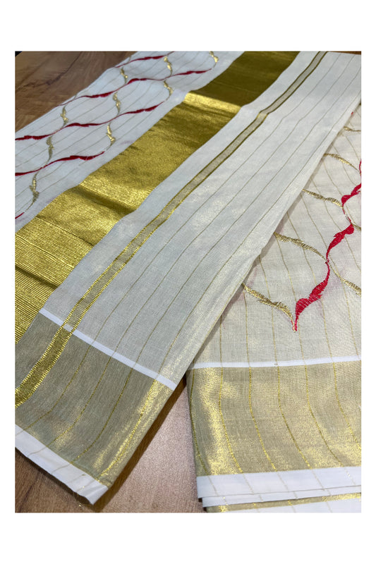 Southloom Kerala Tissue Kasavu Lines Saree with Red and Golden Floral Embroidery Designs