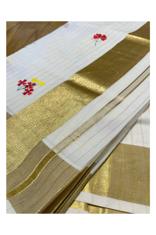 Kerala Cotton Kasavu Lines Saree with Red and Yellow Floral Embroidery Works On Body