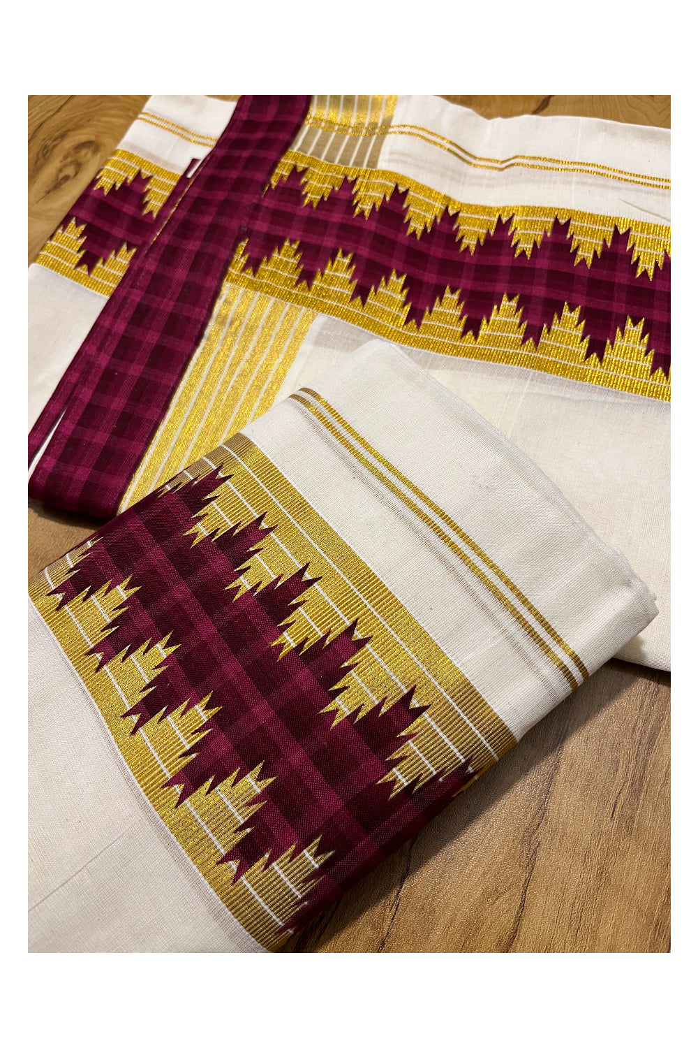 Kerala Cotton Single Set Mundu (Mundum Neriyathum) with Kasav Lines and Maroon Temple Applique Work Border 2.80Mtrs