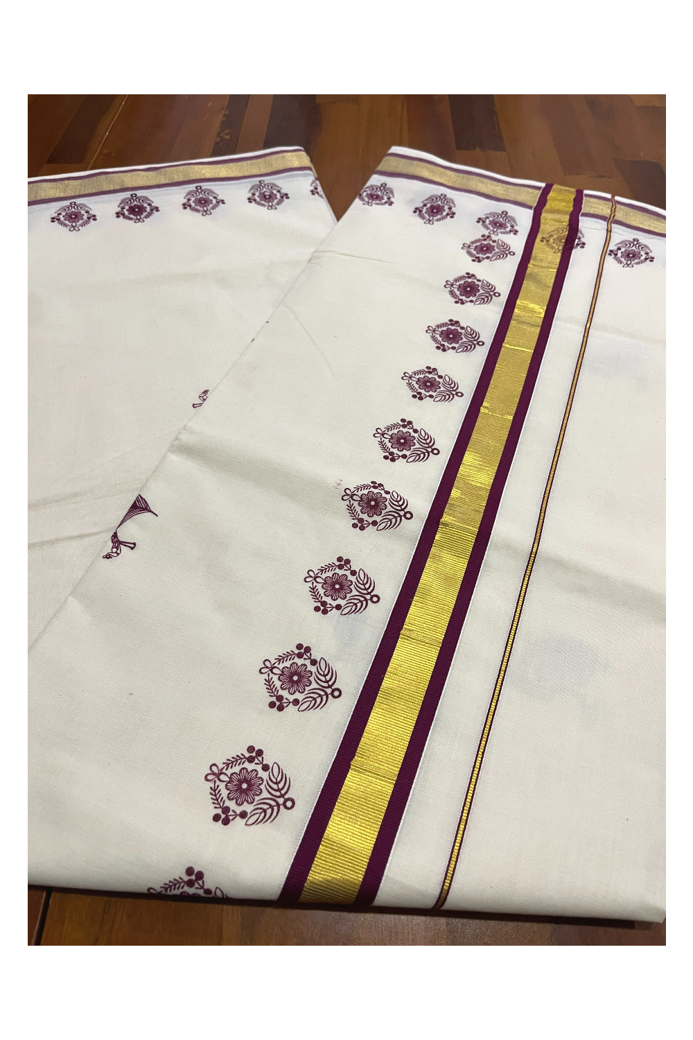 Pure Cotton Kerala Kasavu Saree with Purple Feather Block Printed Design