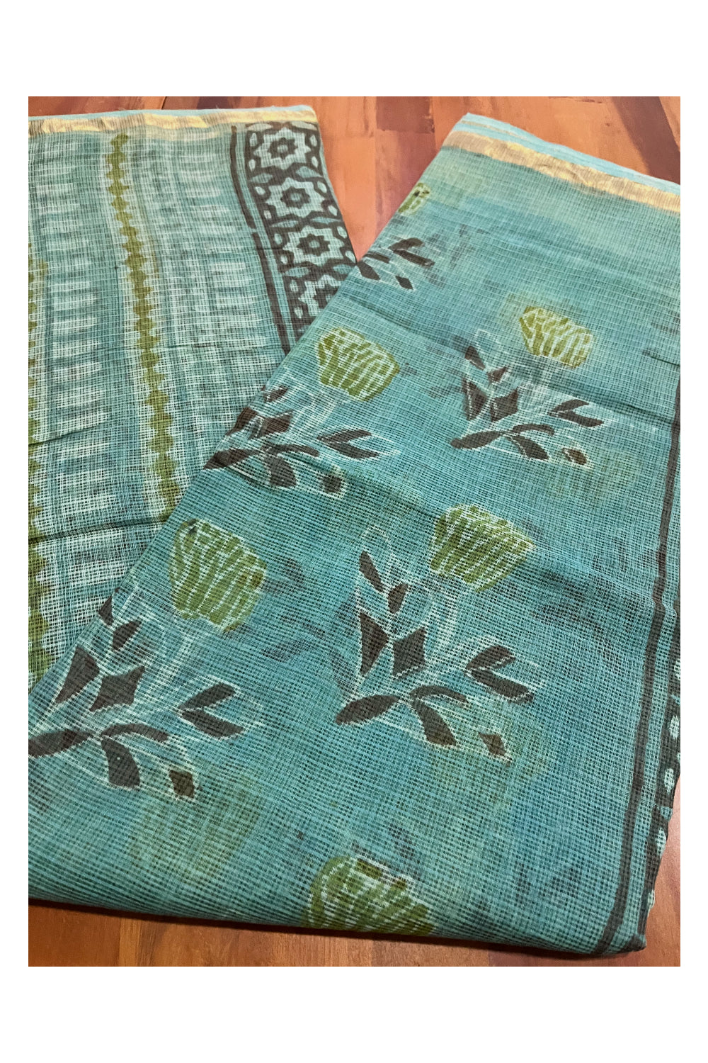 Southloom Kota Fabric Floral Printed Green Saree