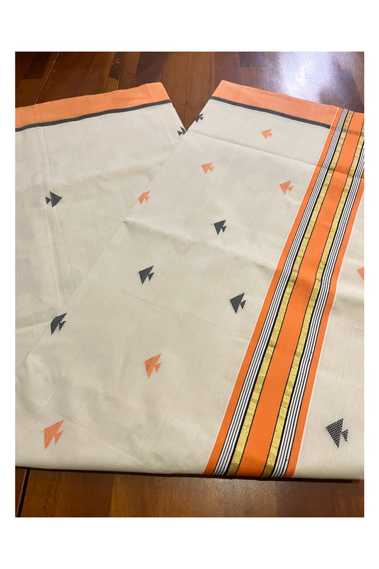 Southloom Premium Balaramapuram Unakkupaavu Handloom Cotton Butta Saree with Orange and Kasavu Border