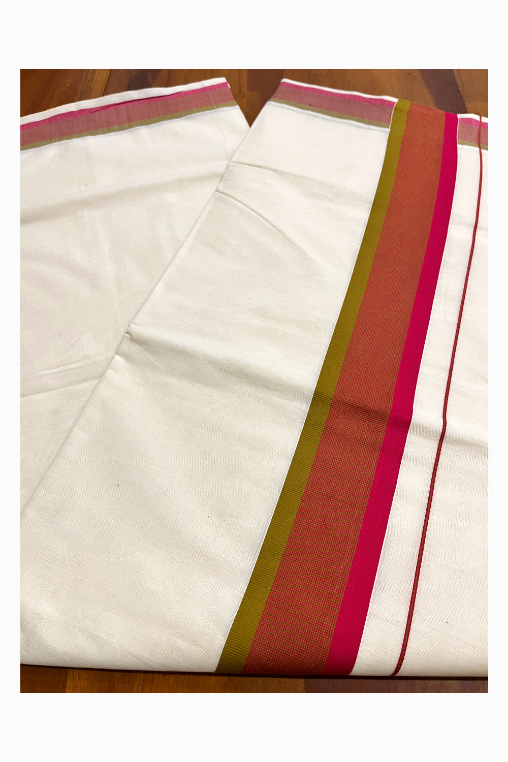 Pure Cotton Kerala Cotton Saree with Pink And Olive Green Border (Vishu 2024 Collection)