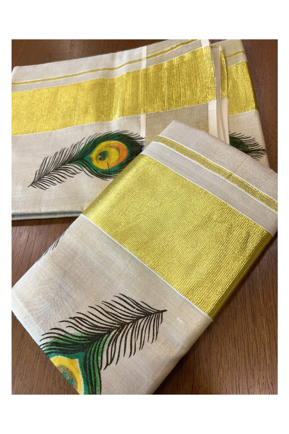 Kerala Tissue Kasavu Set Mundu (Mundum Neriyathum) with Feather Mural Printed Design