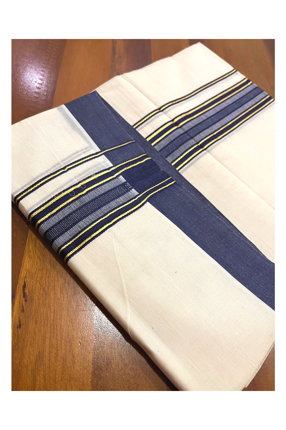 Pure Cotton 100x100 Double Mundu with Kasavu and Dark Blue Kara (Onam Mundu 2023)