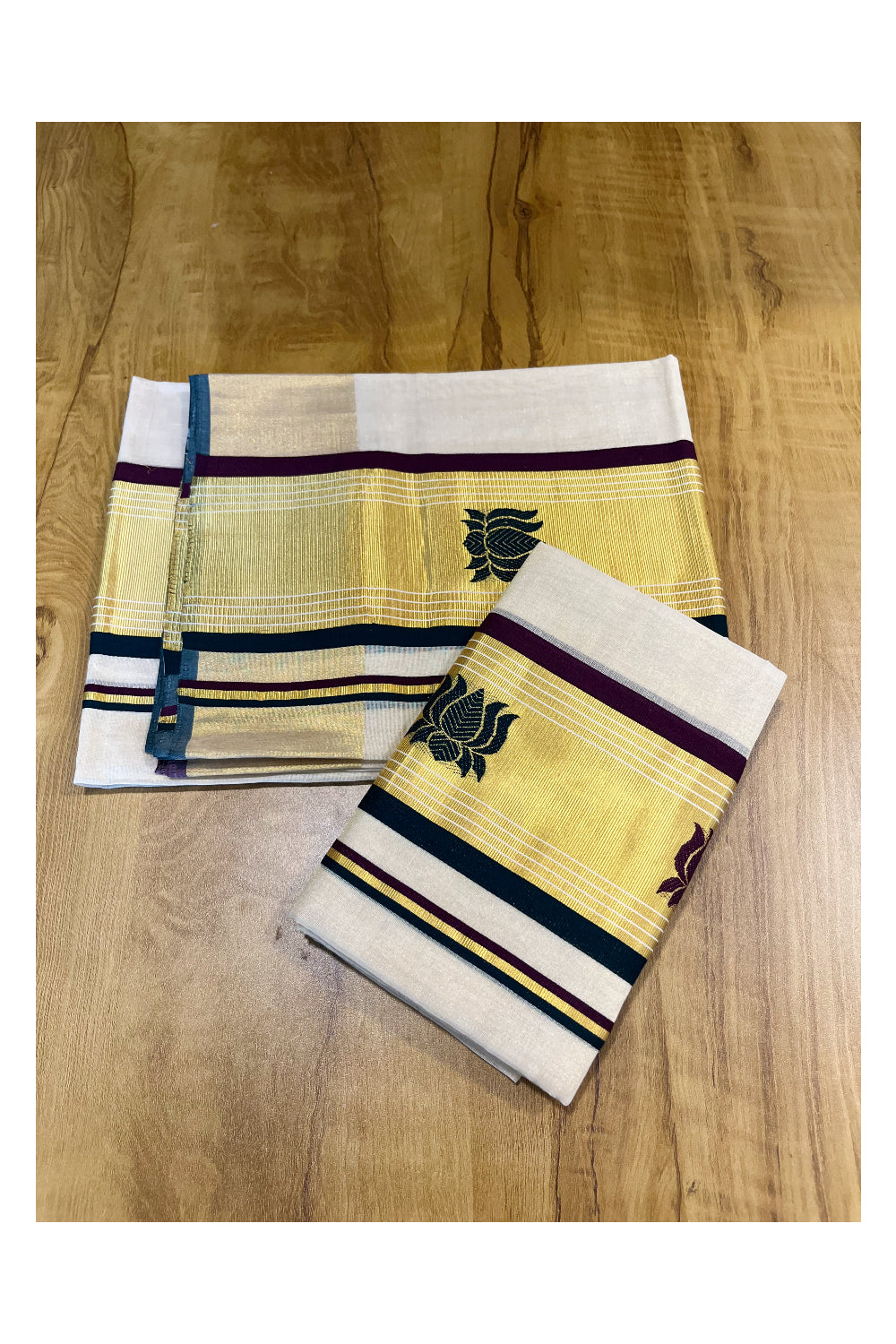 Southloom Handloom Premium Tissue Kasavu Set Mundu Lotus Woven Patterns With Violet And Green Border (Mundum Neriyathum) 2.80 Mtrs