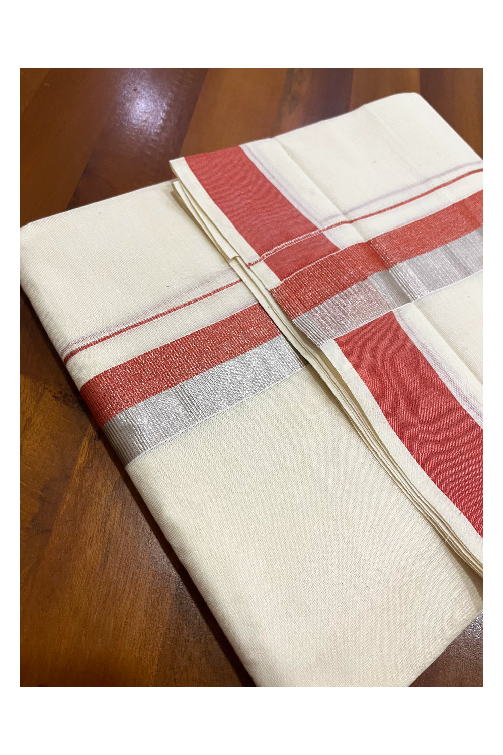 Kerala Cotton Double Mundu with Orange and Silver Kasavu Border (Onam Mundu 2023)