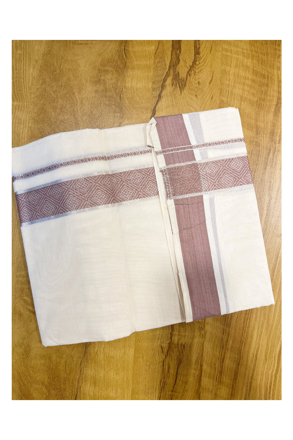 Southloom Off White Cotton Double Mundu with Silver Kasavu and Brown Woven Border