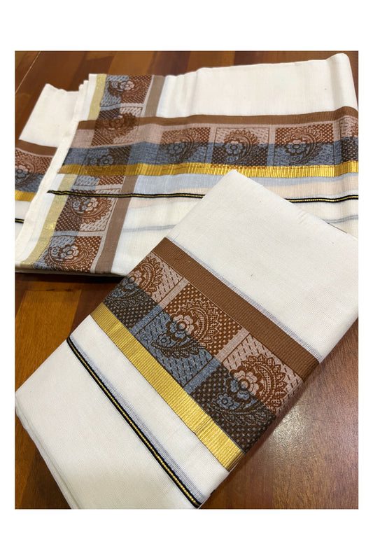 Kerala Cotton Kasavu Single Set Mundu (Mundum Neriyathum) with Blue and Brown Kara and Block Prints