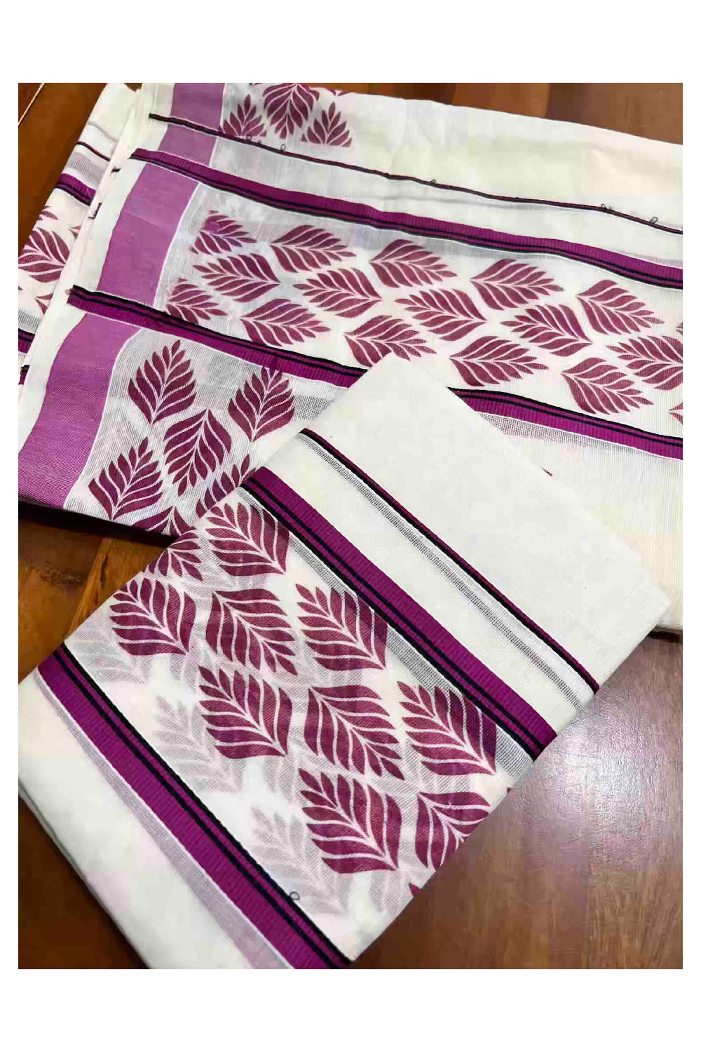 Kerala Cotton Single Set Mundu (Mundum Neriyathum) with Leaf Block Prints on Magenta and Black Border