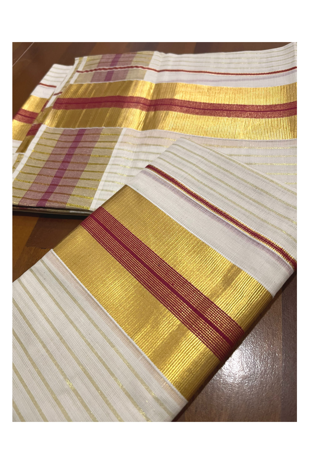 Kerala Cotton Set Mundu (Mundum Neriyathum) with Kasavu Lines on Body and Maroon Border 2.80 Mtrs