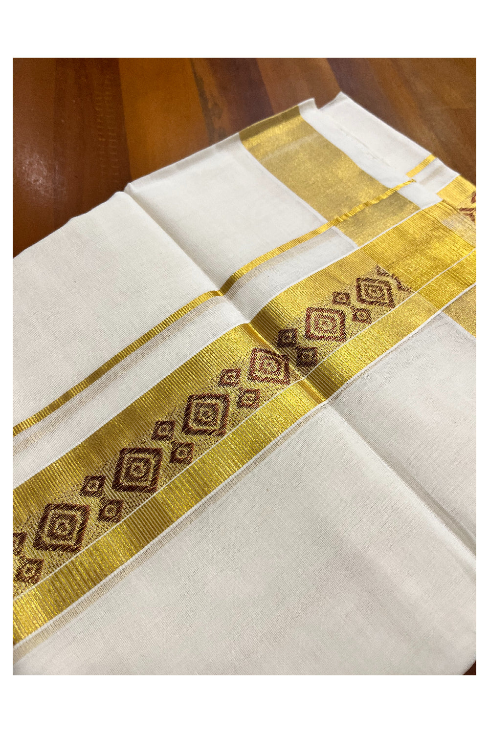 Southloom Premium Handloom Pure Cotton Mundu with Golden and Brown Kasavu Woven Border (Onam 2024 Collection)