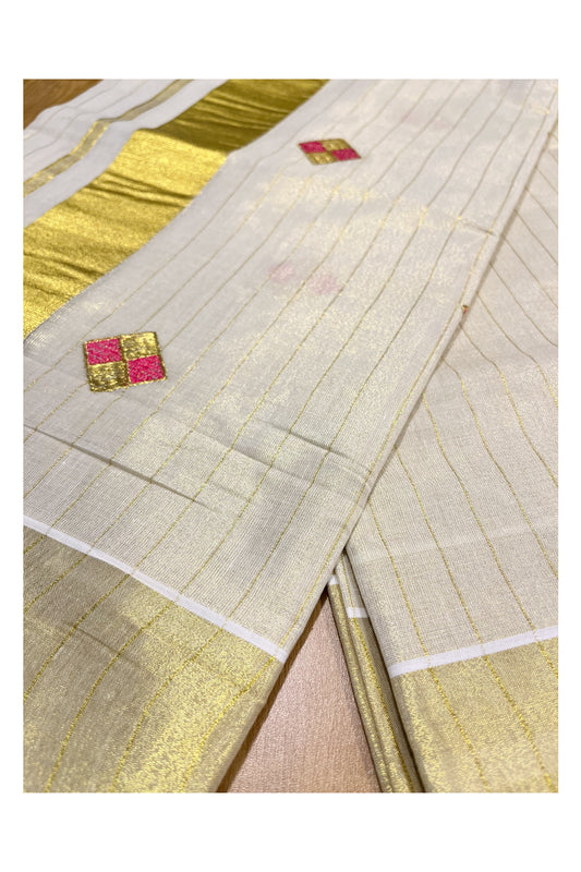 Kerala Tissue Kasavu Stripes Saree with Pink and Golden Diagonal Floral Embroidery Design on Body