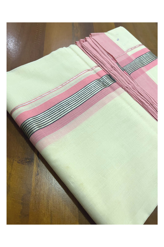 Southloom Premium Balaramapuram Unakkupaavu Handloom Mundu with Pink and Silver Kasavu Border (South Indian Kerala Dhoti)