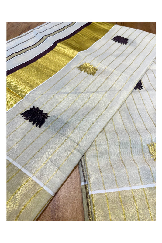 Kerala Tissue Kasavu Lines Saree with Brown And Golden Lotus Embroidery Works