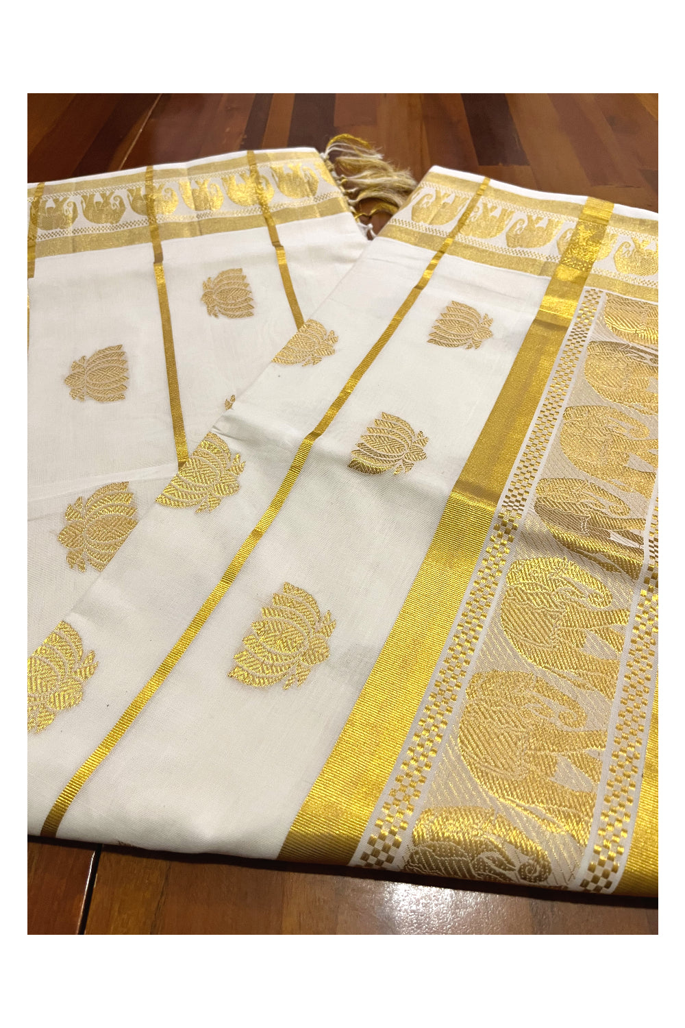 Southloom™ Premium Handloom Cotton Kasavu Saree with Handwoven Lotus and Elephant Designs