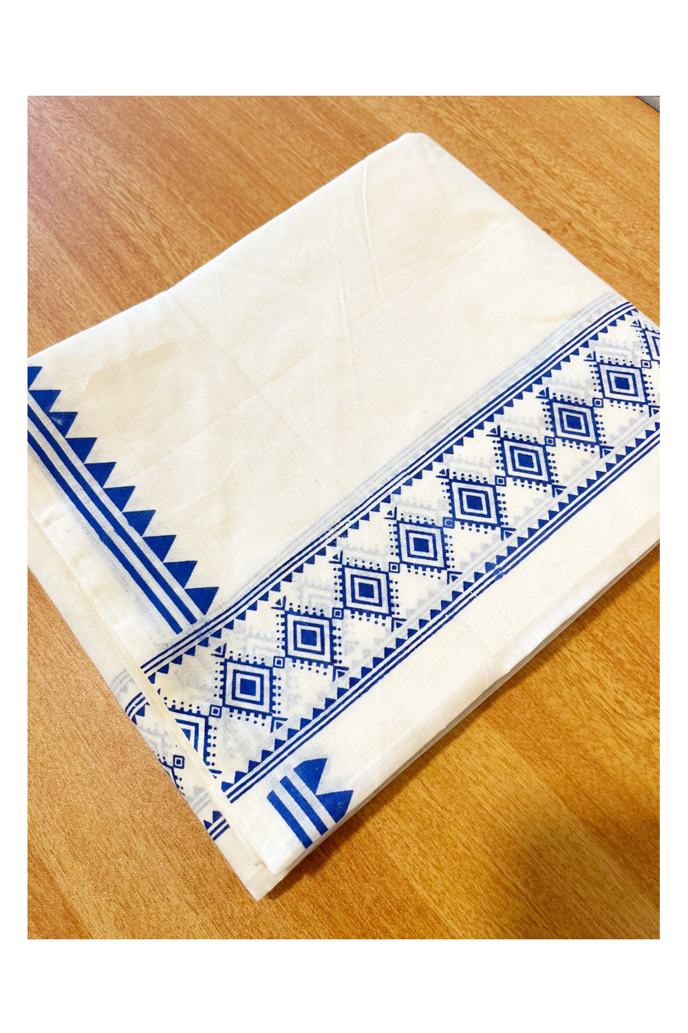 Pure Cotton Off White Double Mundu with Blue Block Prints On Border (South Indian Kerala Dhoti)