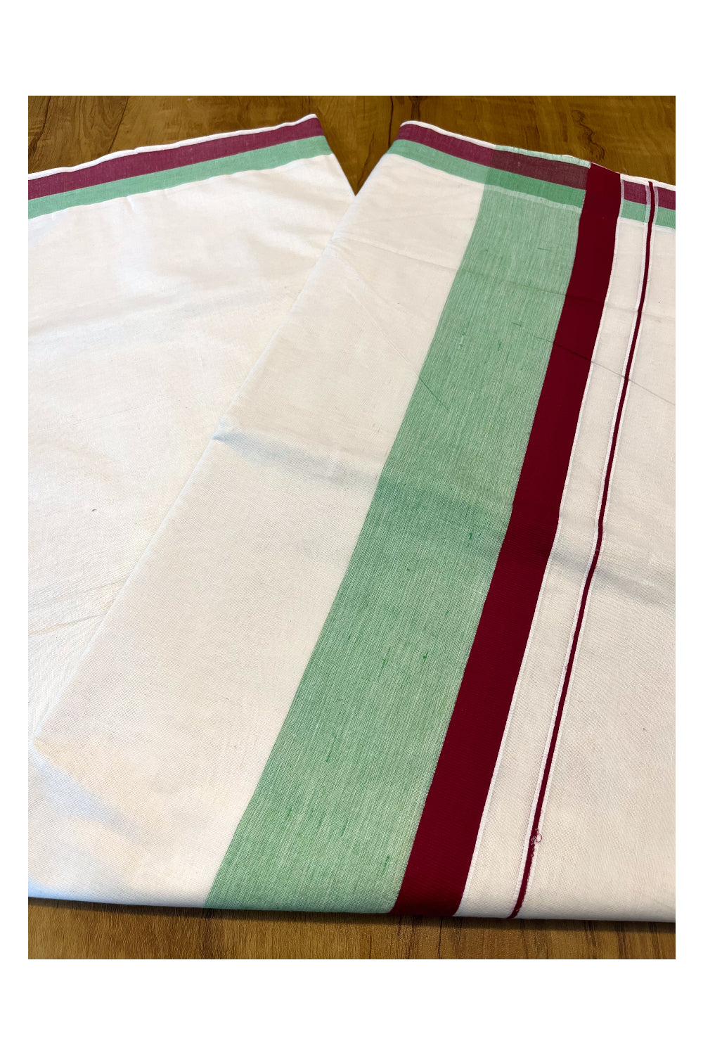 Pure Cotton Off White Kerala Saree with Red Light Green Shaded Border