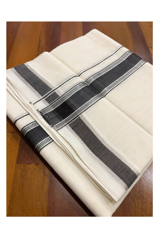 Southloom Premium Handloom Cotton Double Mundu with Silver and Black Kasavu Design Border (South Indian Kerala Dhoti)