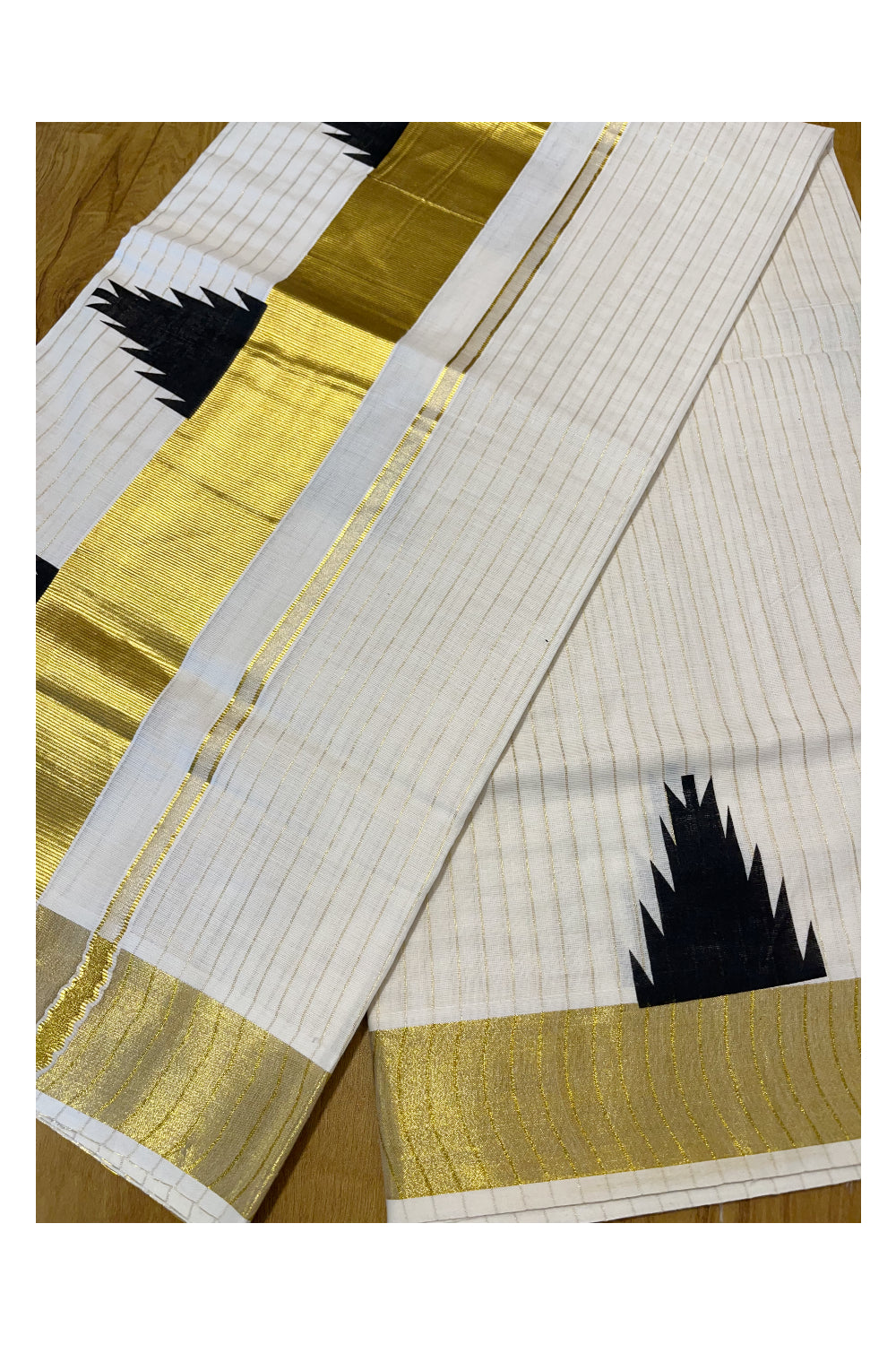 Kerala Cotton Kasavu Lines Saree With Black Temple Prints on Border