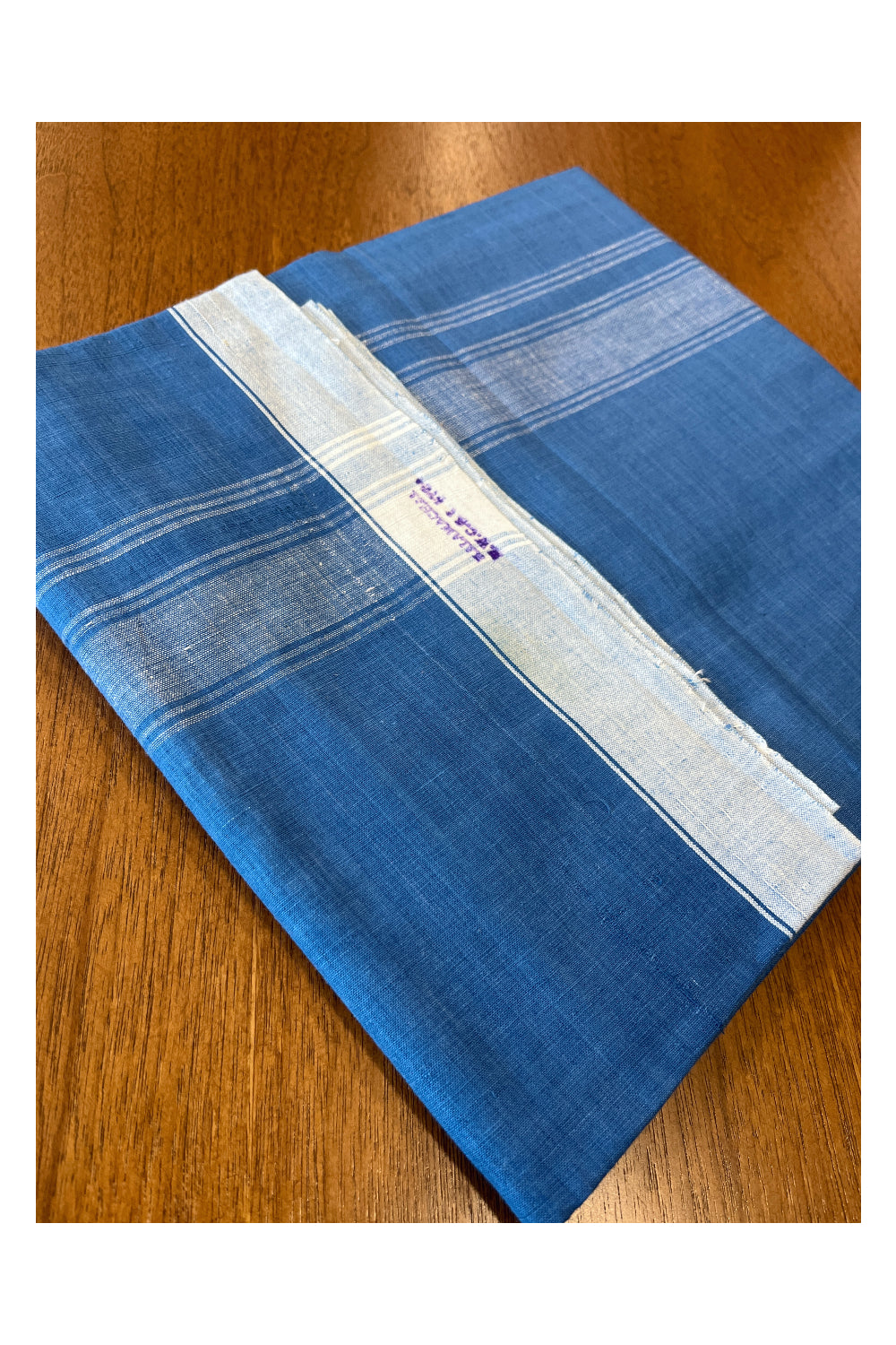 Southloom Premium Handloom Blue Solid Single Mundu (Lungi) with White Border