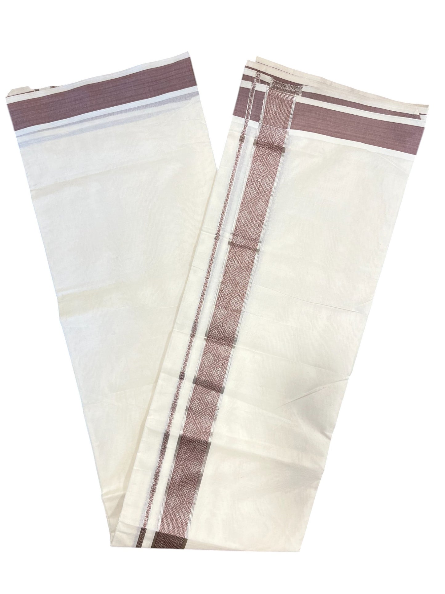 Southloom Off White Cotton Double Mundu with Silver Kasavu and Brown Woven Border