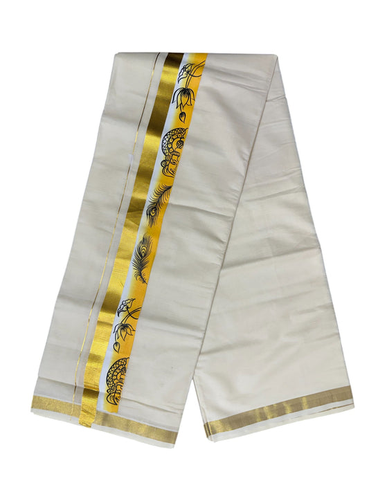 Kerala Pure Cotton Double Mundu with Hand Painted Designs on Kasavu Border(South Indian Kerala Dhoti)