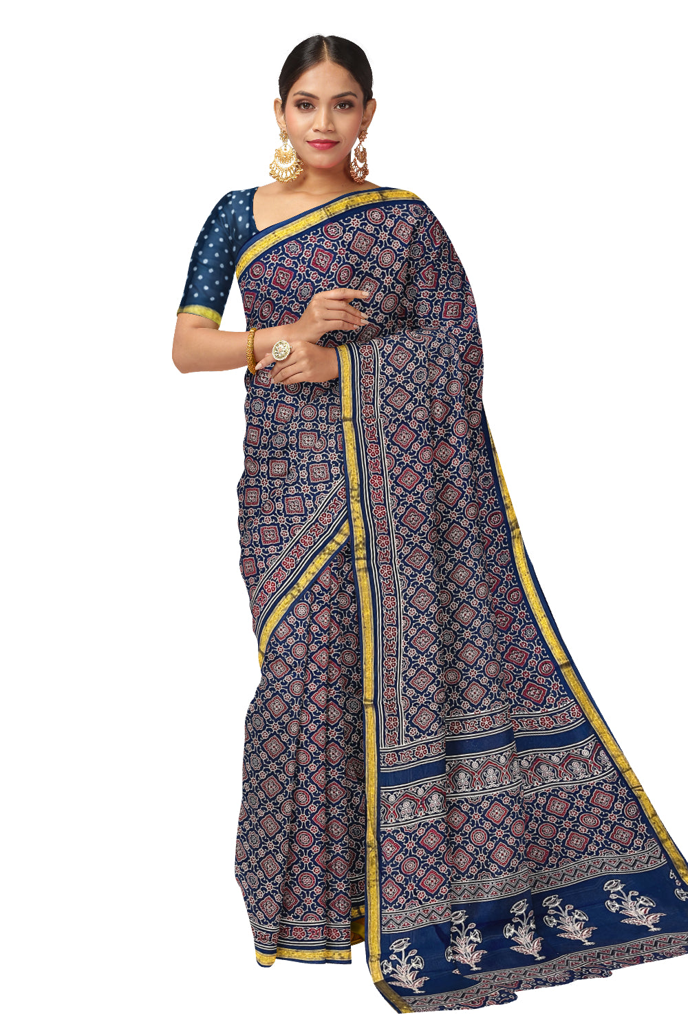 Southloom Cotton Maroon Blue Designer Printed Saree with Blouse Piece