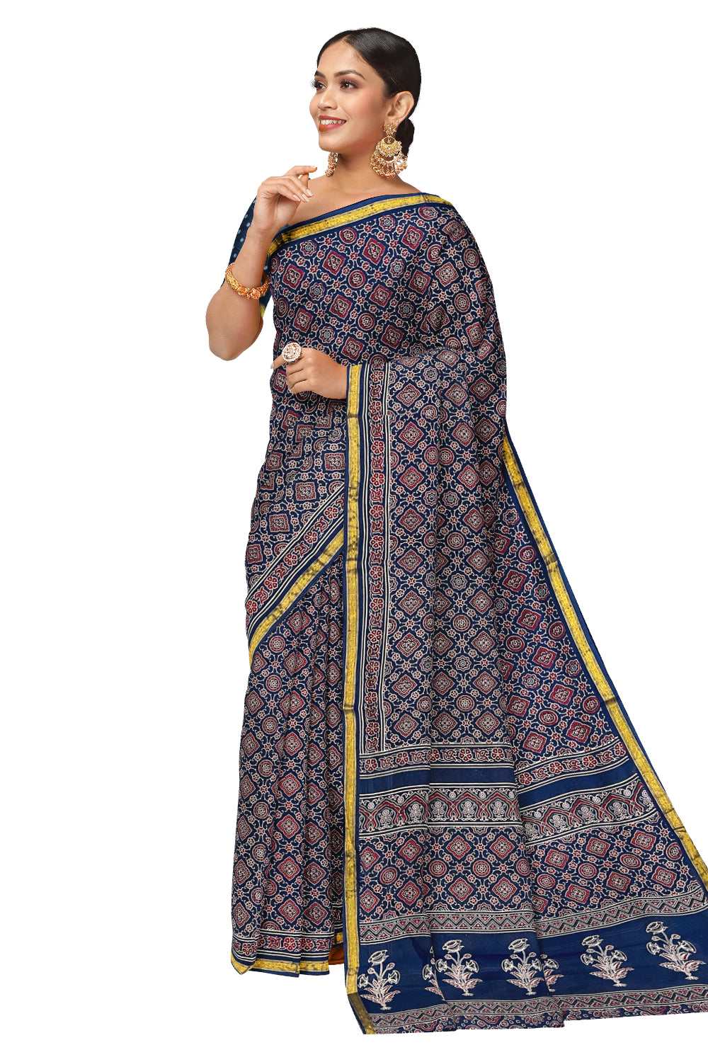 Southloom Cotton Maroon Blue Designer Printed Saree with Blouse Piece