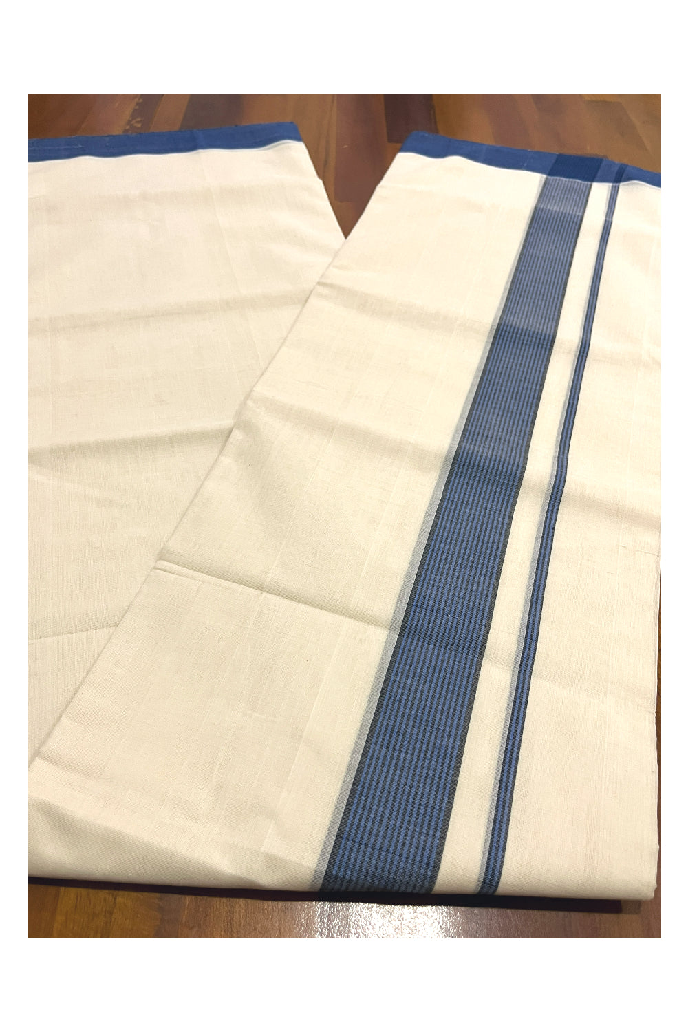 Southloom Premium Balaramapuram Unakkupaavu Handloom Mundu with 2 inch Blue Black Border (South Indian Kerala Dhoti)