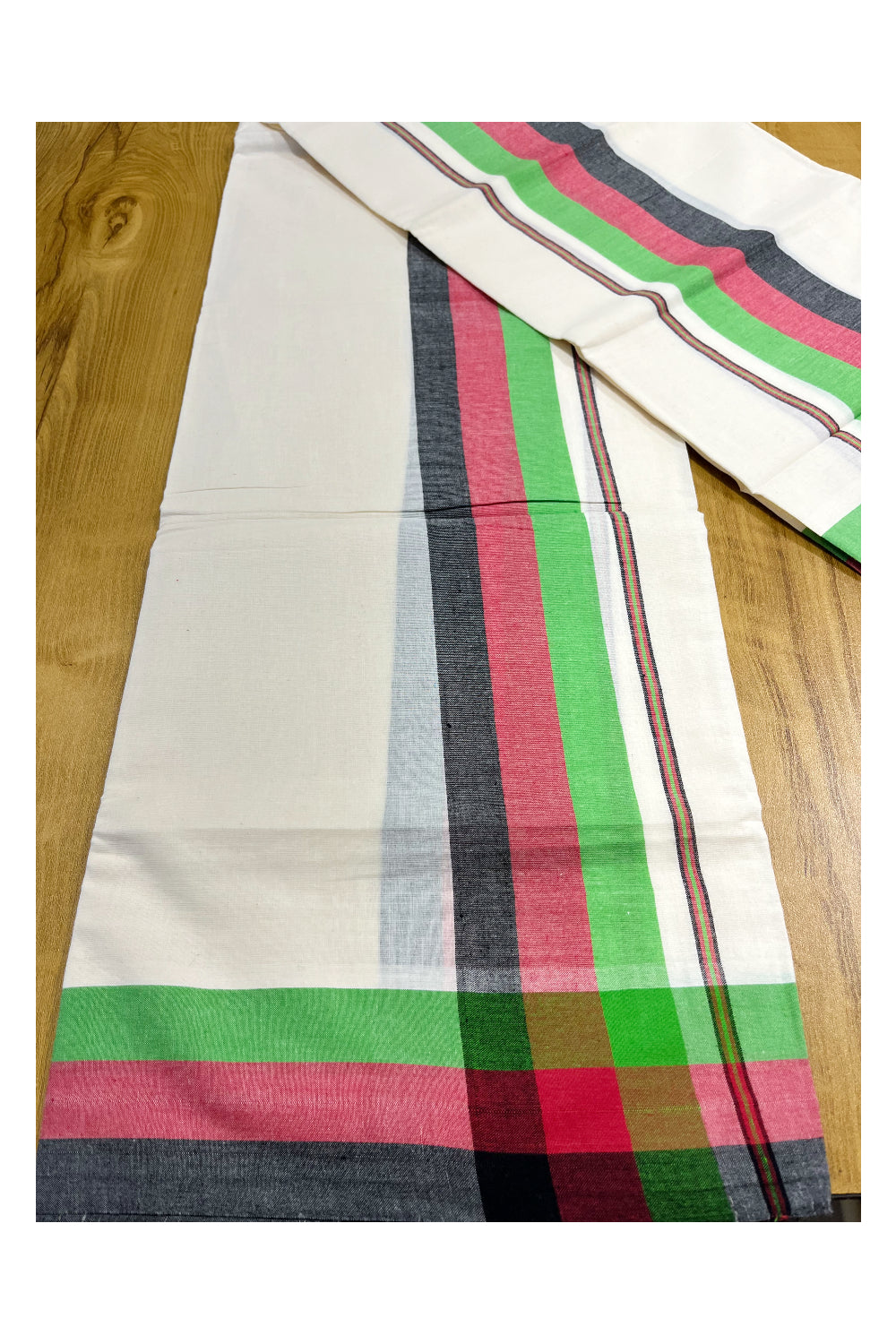 Pure Cotton Mundum Neriyathum Double (Set Mundu) with Green,Pink and Black Border