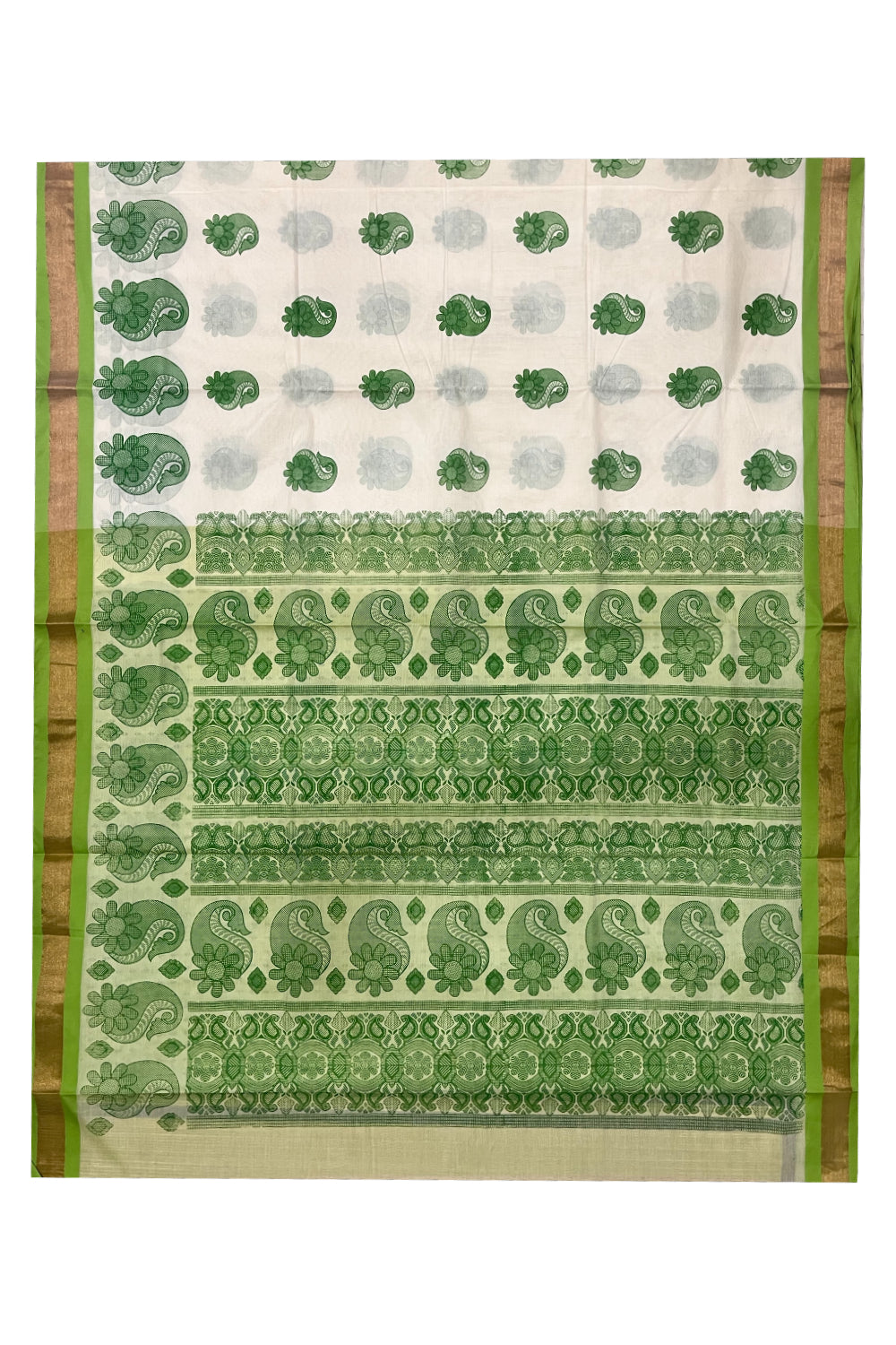 Pure Cotton Kerala Saree with Light Green Block Prints and Kasavu Border (Vishu 2024 Collection)