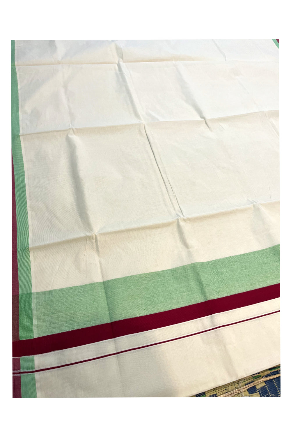 Pure Cotton Off White Kerala Saree with Red Light Green Shaded Border