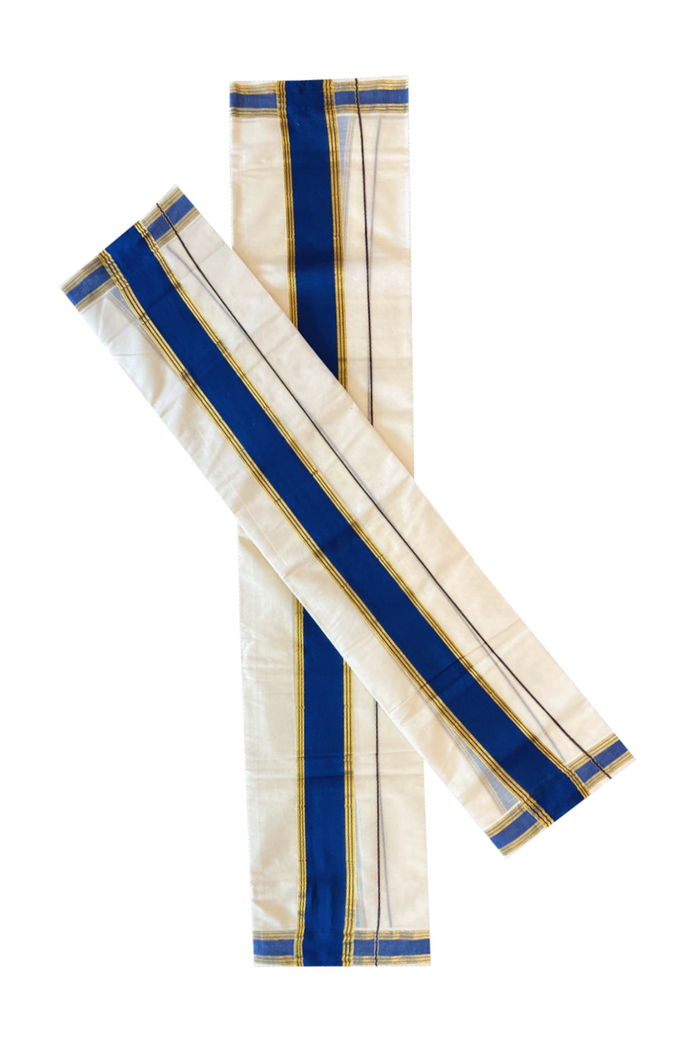 Cotton Mundum Neriyathum Double (Set Mundu) with Blue and Kasavu Border