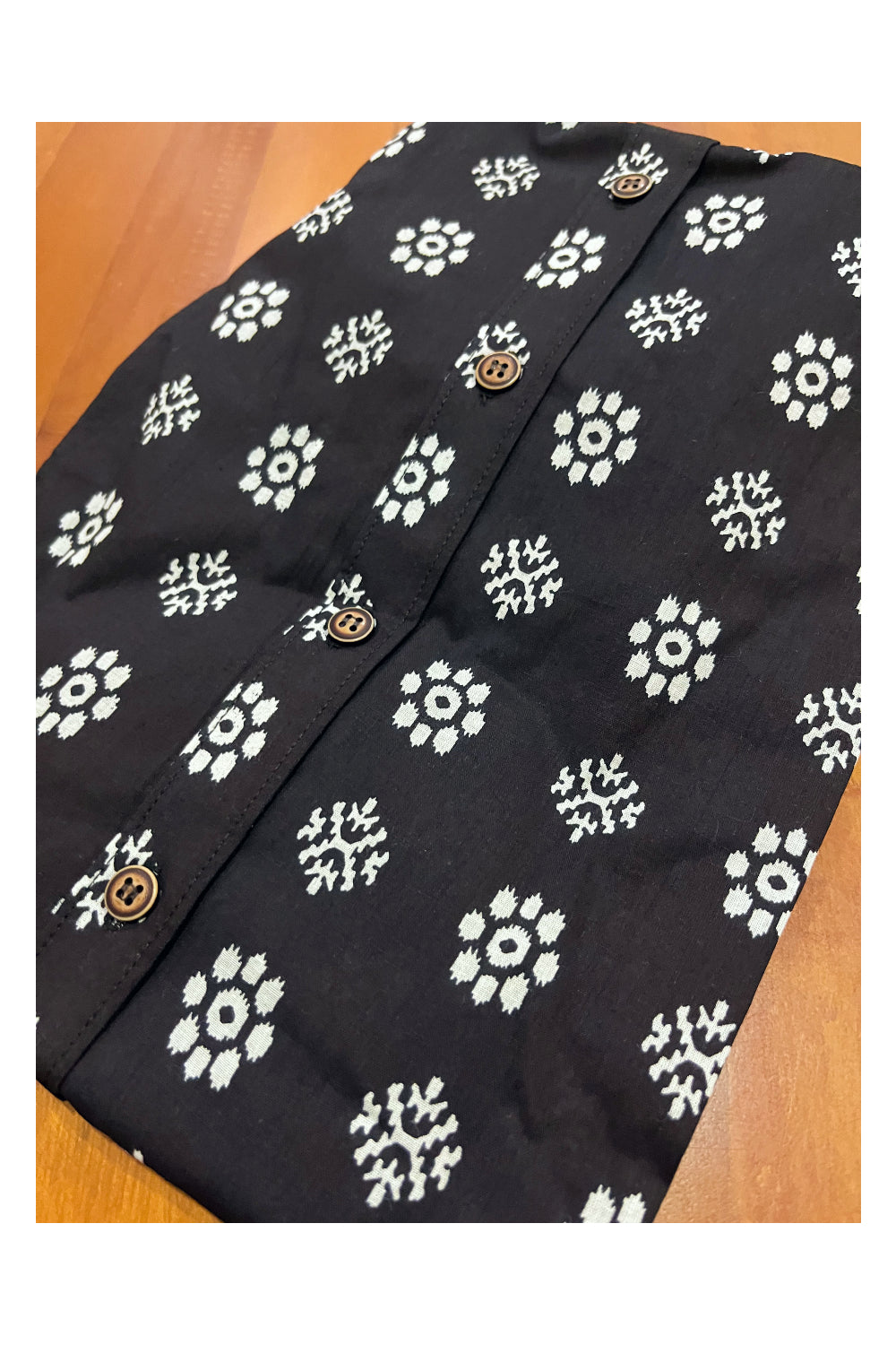 Southloom Jaipur Cotton Black Floral Hand Block Printed Mandarin Collar Shirt (Full Sleeves)
