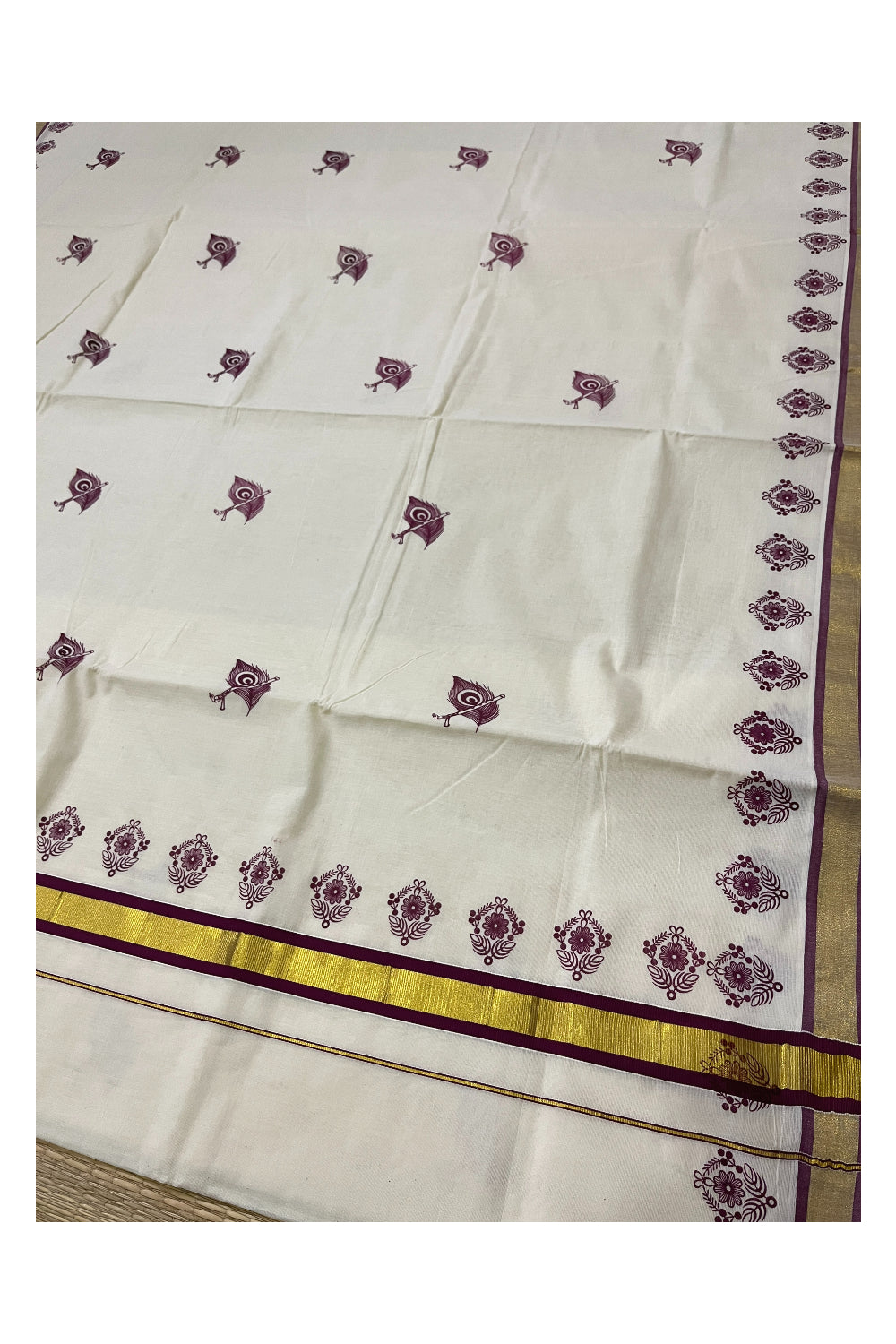 Pure Cotton Kerala Kasavu Saree with Purple Feather Block Printed Design