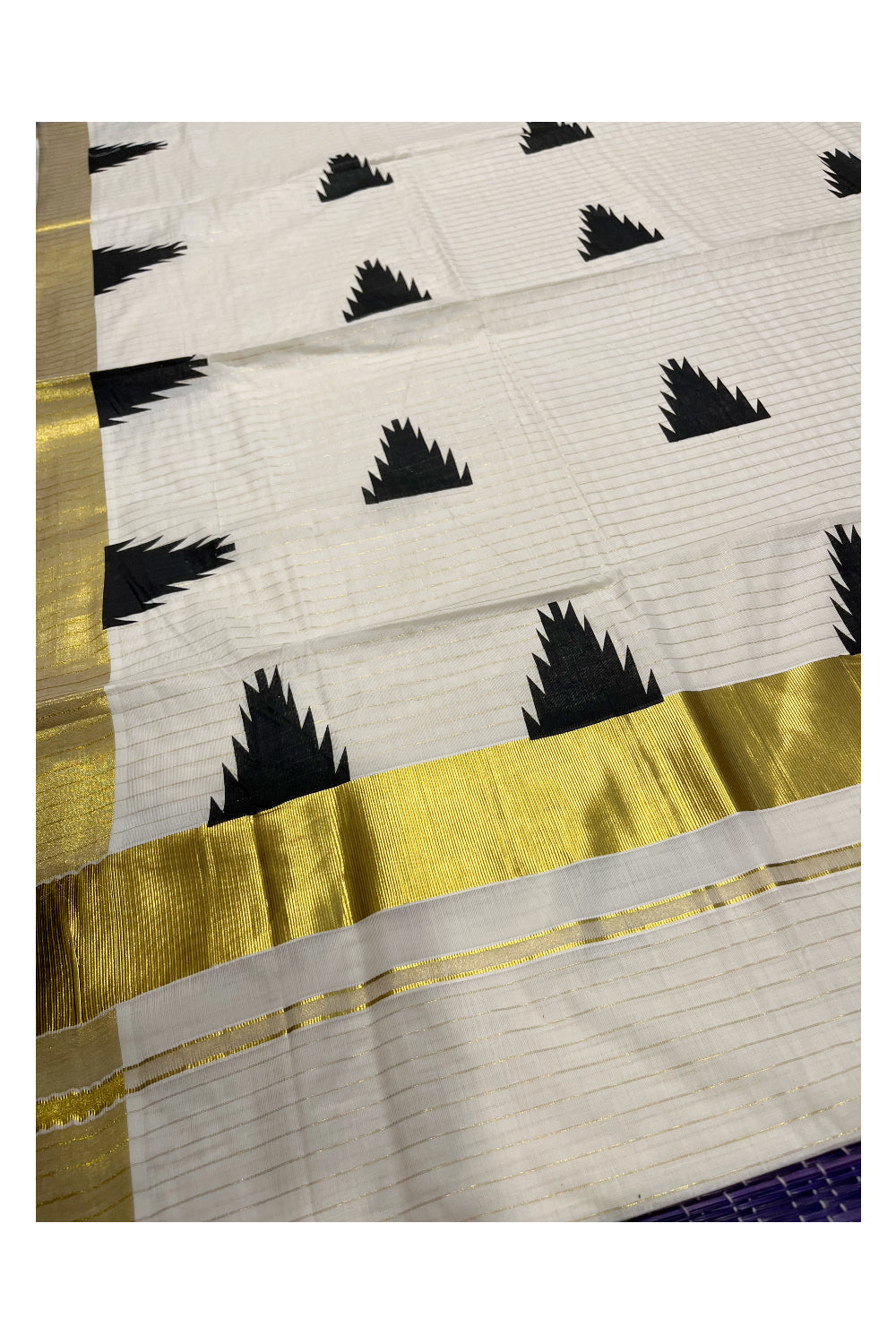 Kerala Cotton Kasavu Lines Saree With Black Temple Prints on Border