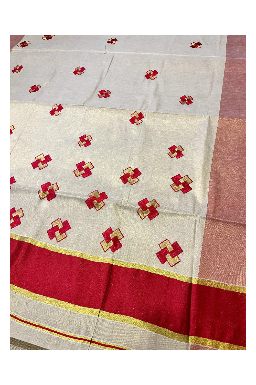 Kerala Tissue Kasavu Saree With Red Border and Embroidered Designs on Body