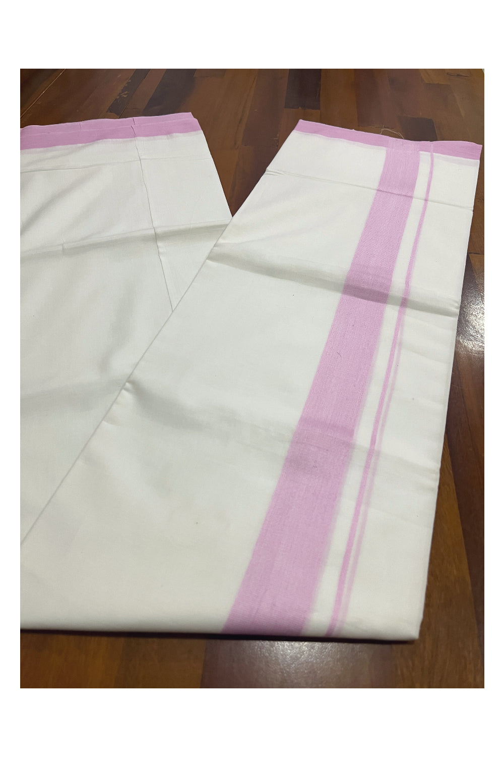 Pure White Cotton Double Mundu with Pink Border (South Indian Kerala Dhoti)