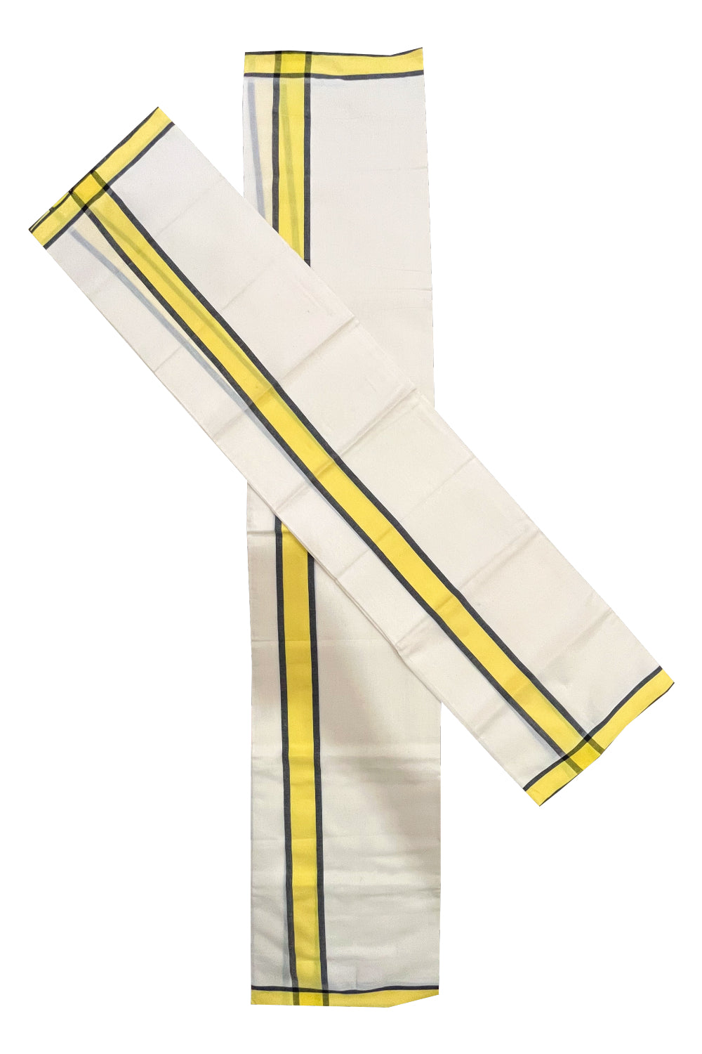 Kerala Cotton Mulloth Single Set Mundu (Mundum Neriyathum) with Yellow Black Border (Extra Soft Cotton)