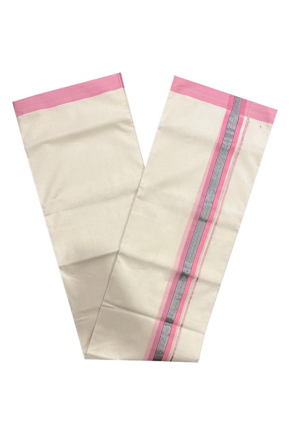 Southloom Premium Balaramapuram Unakkupaavu Handloom Mundu with Pink and Silver Kasavu Border (South Indian Kerala Dhoti)