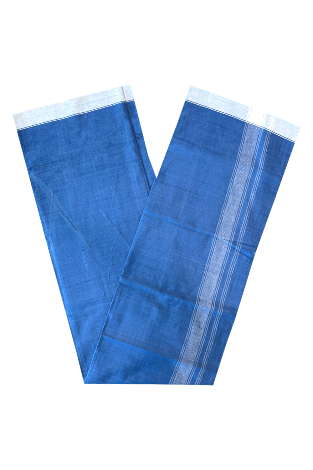 Southloom Premium Handloom Blue Solid Single Mundu (Lungi) with White Border