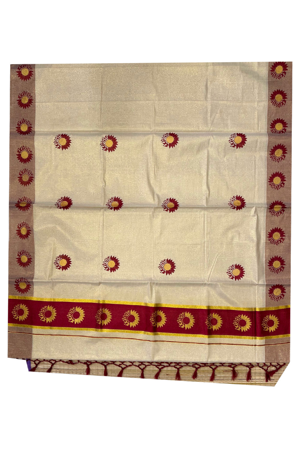 Kerala Tissue Kasavu Saree with Maroon and Golden Block Prints on Border (Onam Saree 2023)