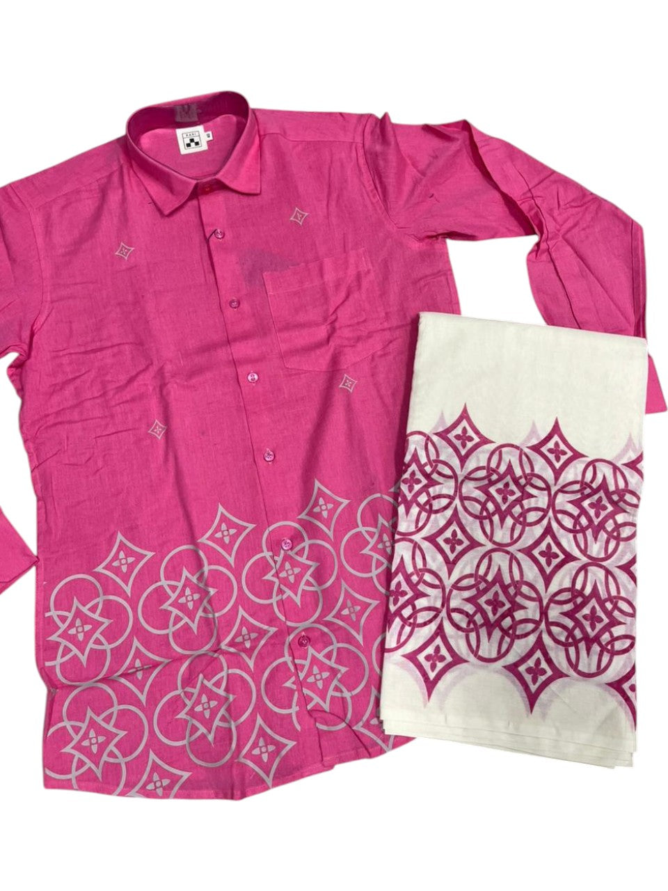 Southloom Cotton printed Pink Men's Combo  (Shirt + Mundu) SL578