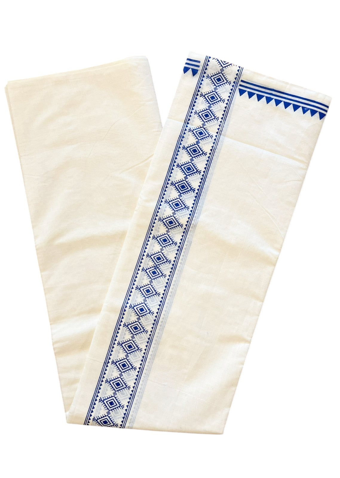 Pure Cotton Off White Double Mundu with Blue Block Prints On Border (South Indian Kerala Dhoti)