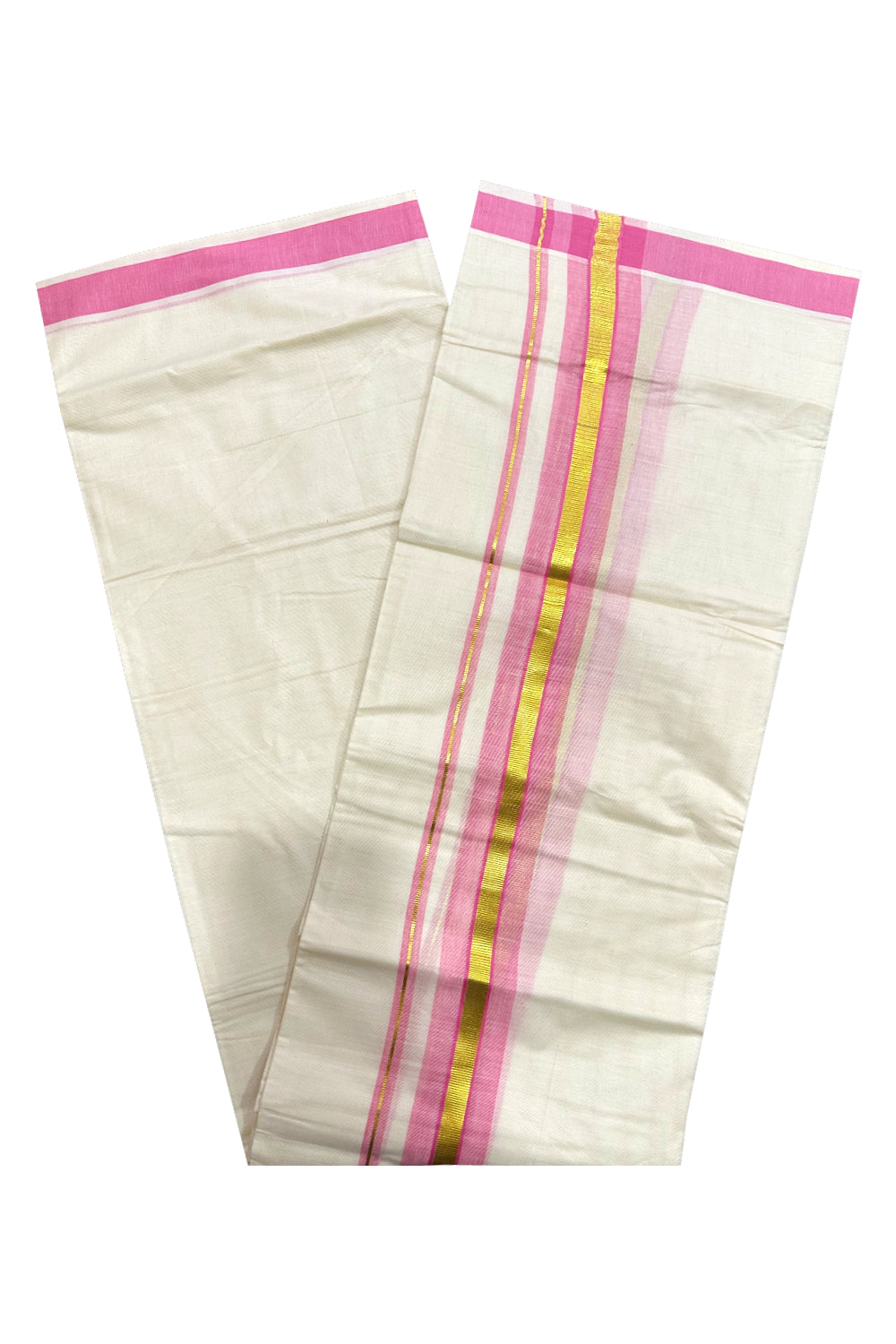 Kerala Cotton Double Mundu with Pink and Kasavu Border